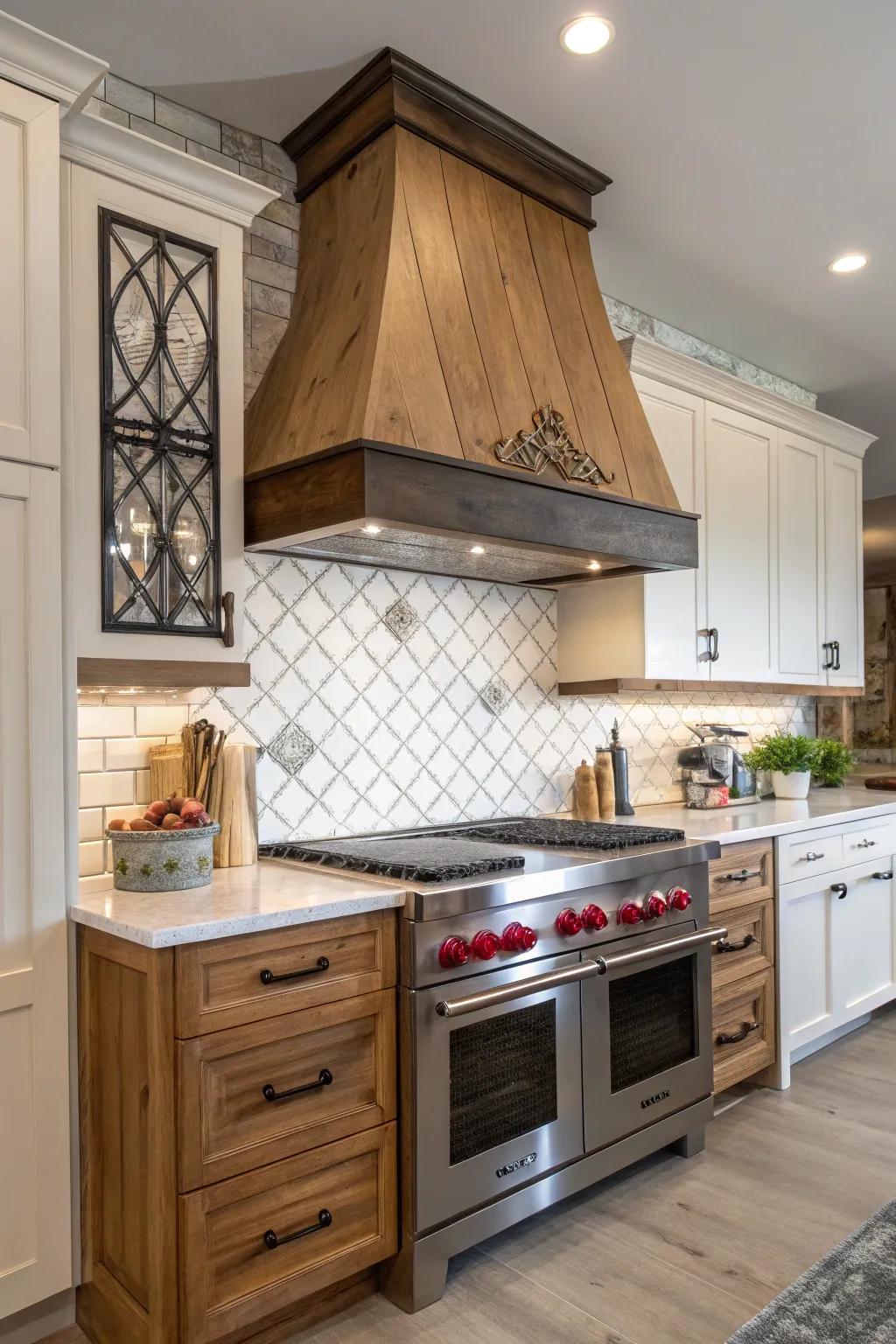 Mixed materials create a striking range hood design.