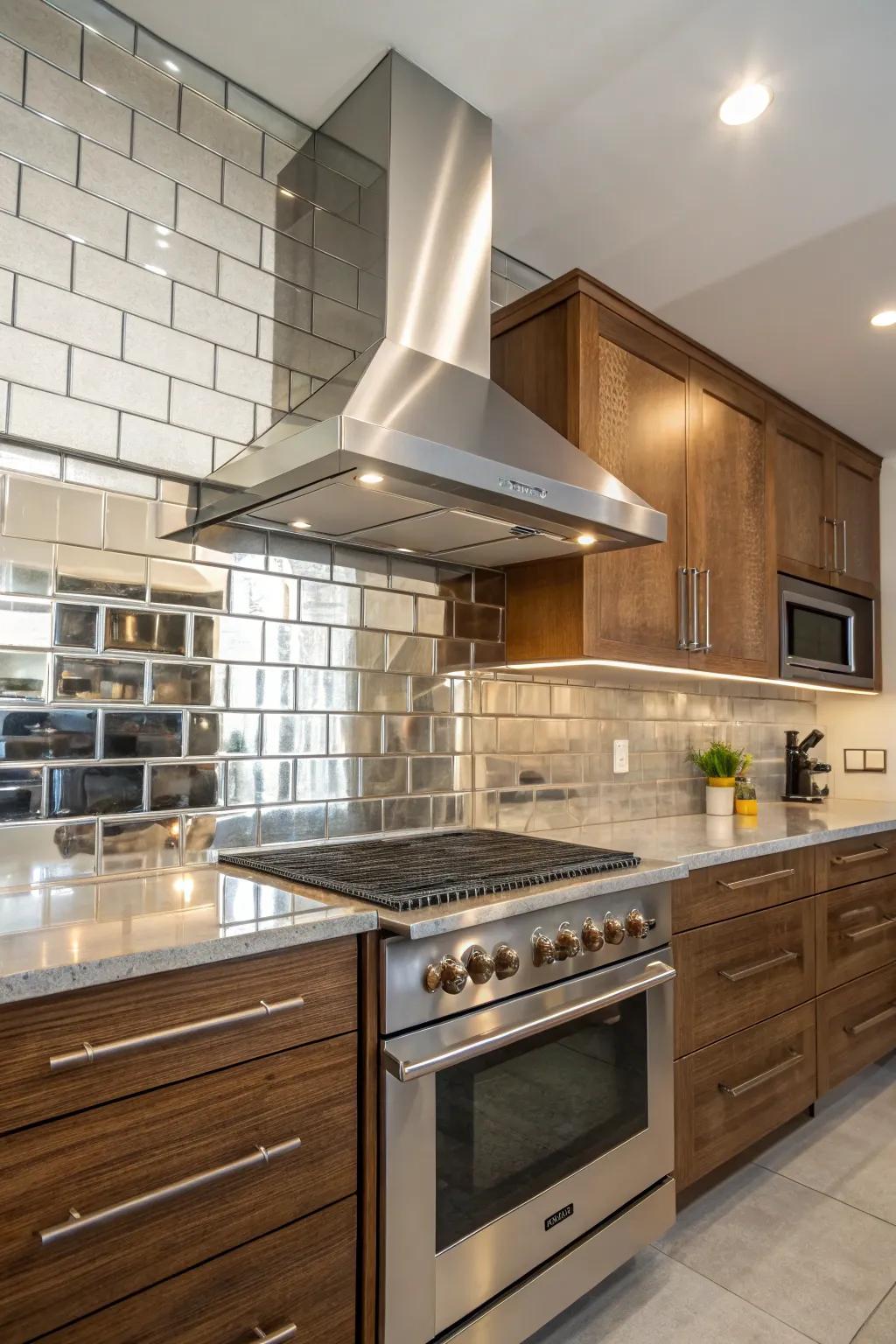 A kitchen with a gleaming tile splash guard enhancing light with a streamlined metallic vent hood.