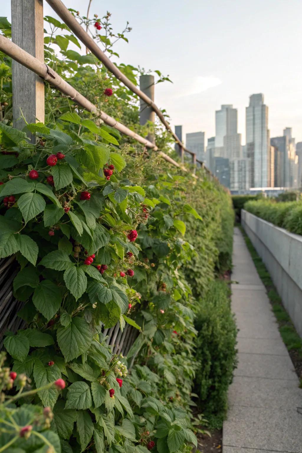 A living wall trellis transforms raspberries into a vertical green feature.