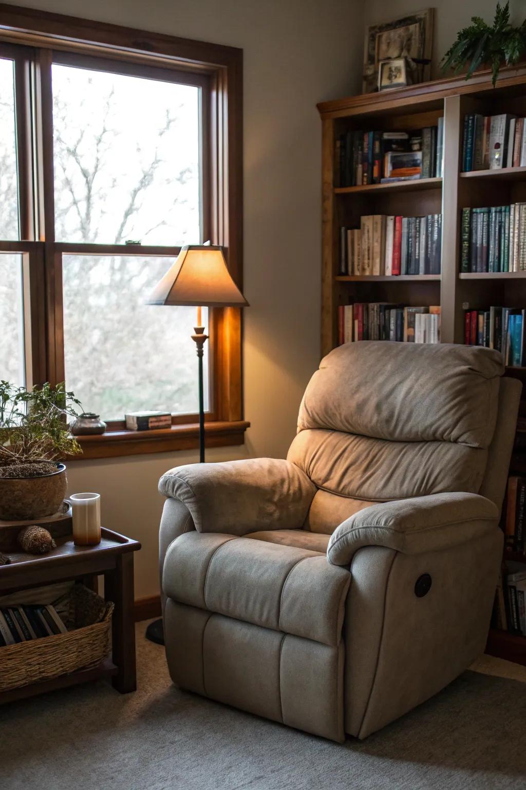 A cozy reading nook featuring a reclining sofa and a well-stocked bookcase.