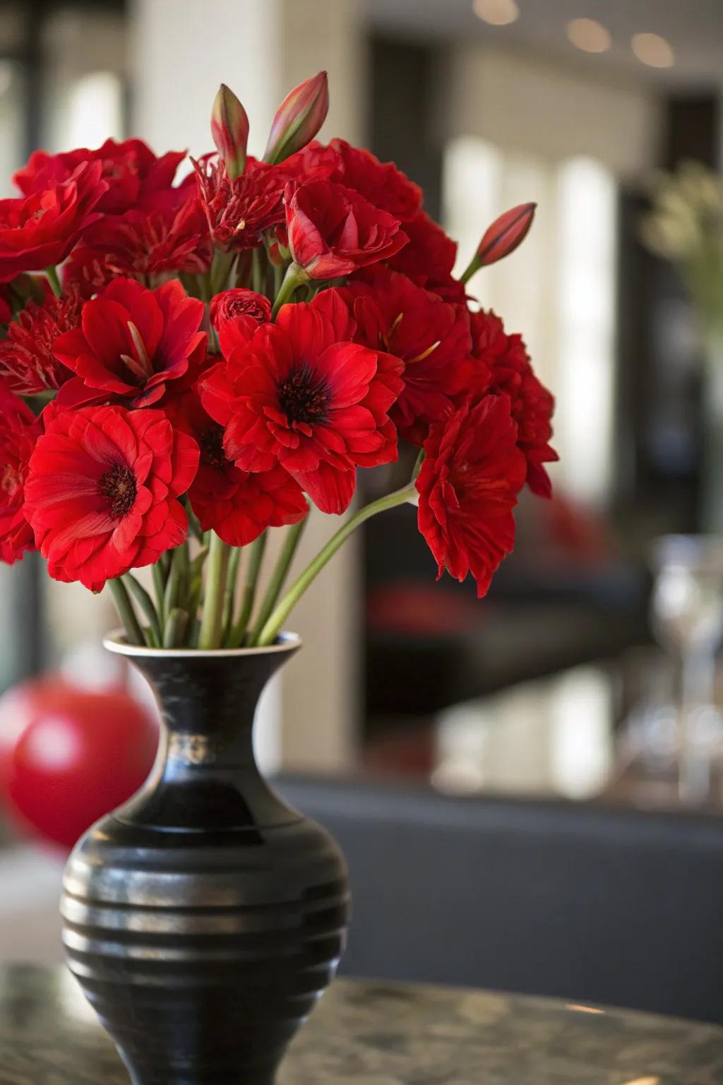 Oversized scarlet blooms inside an obsidian vase generate an audacious and exquisite statement.