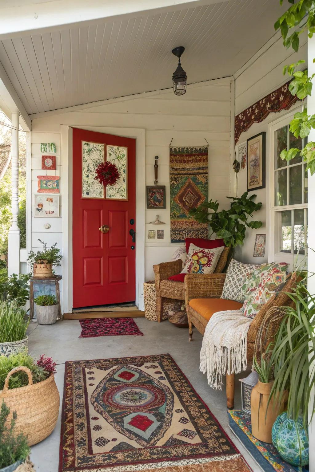 Bohemian residence featuring a crimson door, full of artistic charm.