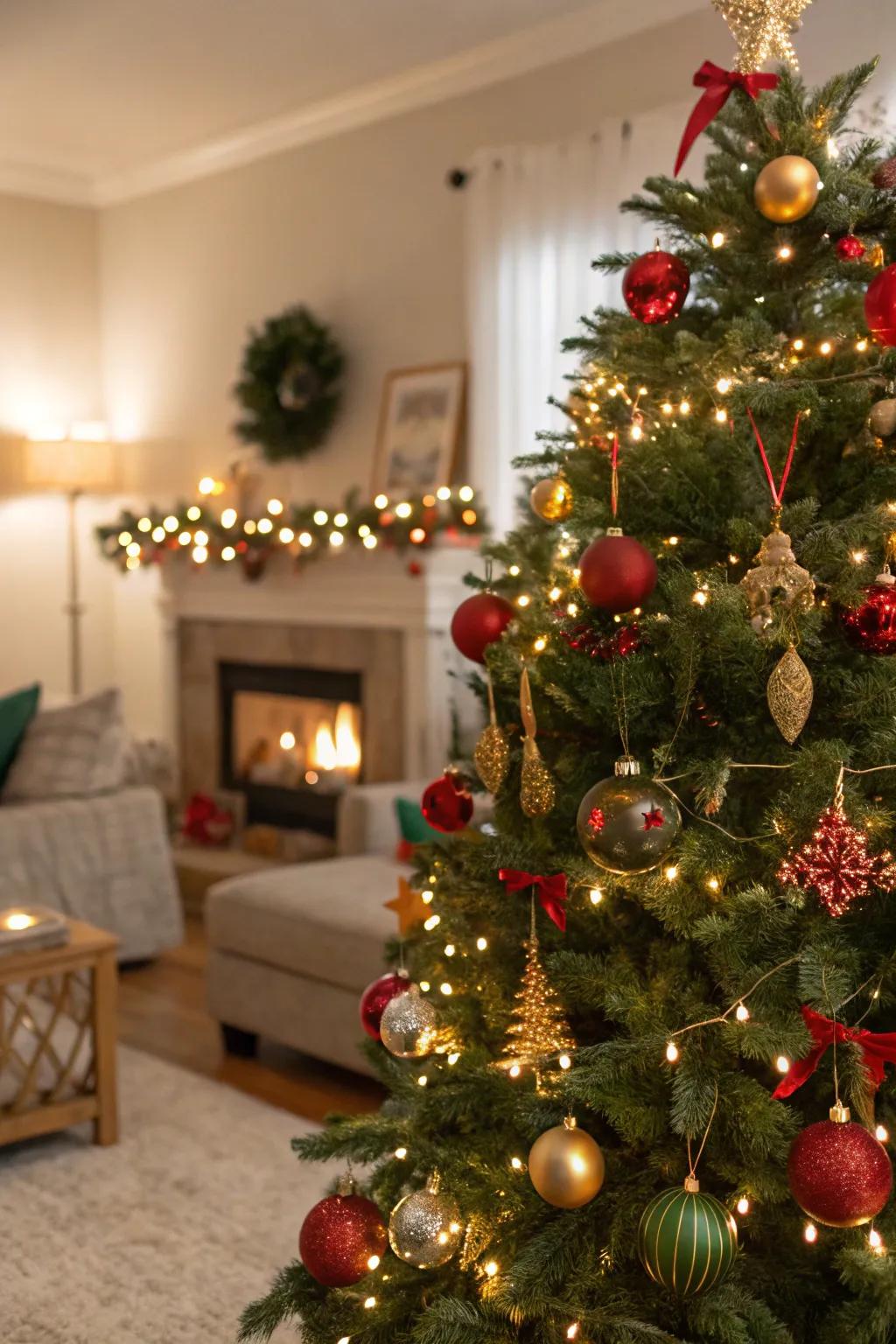 Personalized ornaments contribute a unique accent to this festive tree.