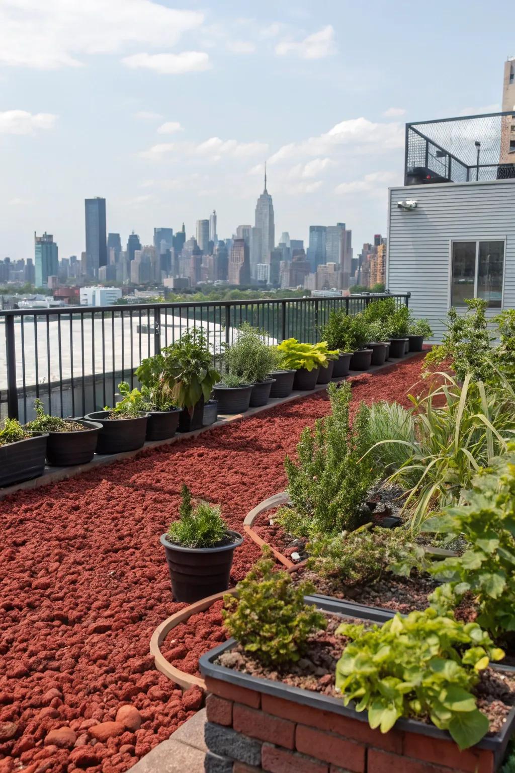 Red lava rocks add style and function to this elevated garden escape.