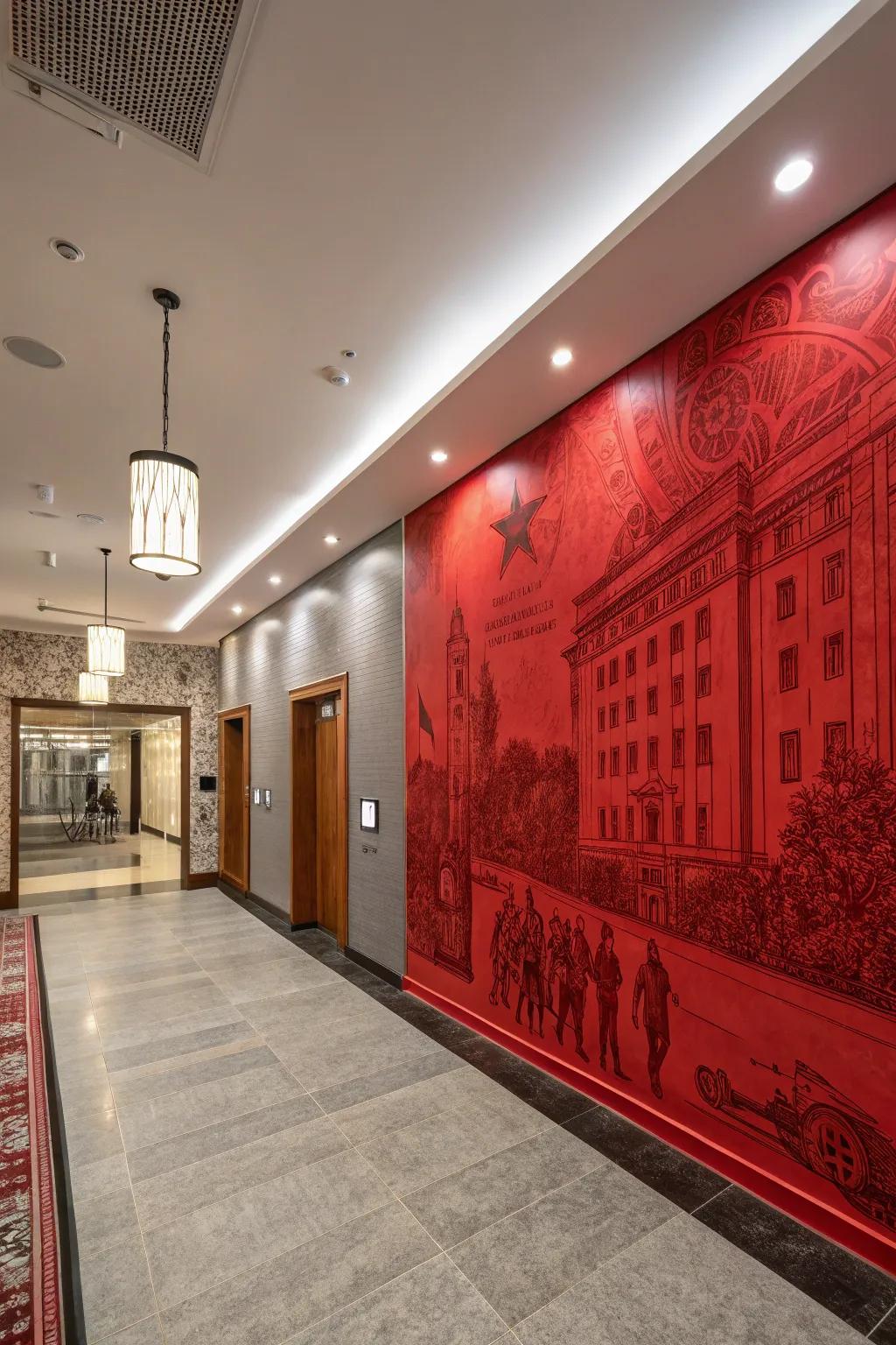 A crimson mural transforms a plain wall into a stunning piece of art.