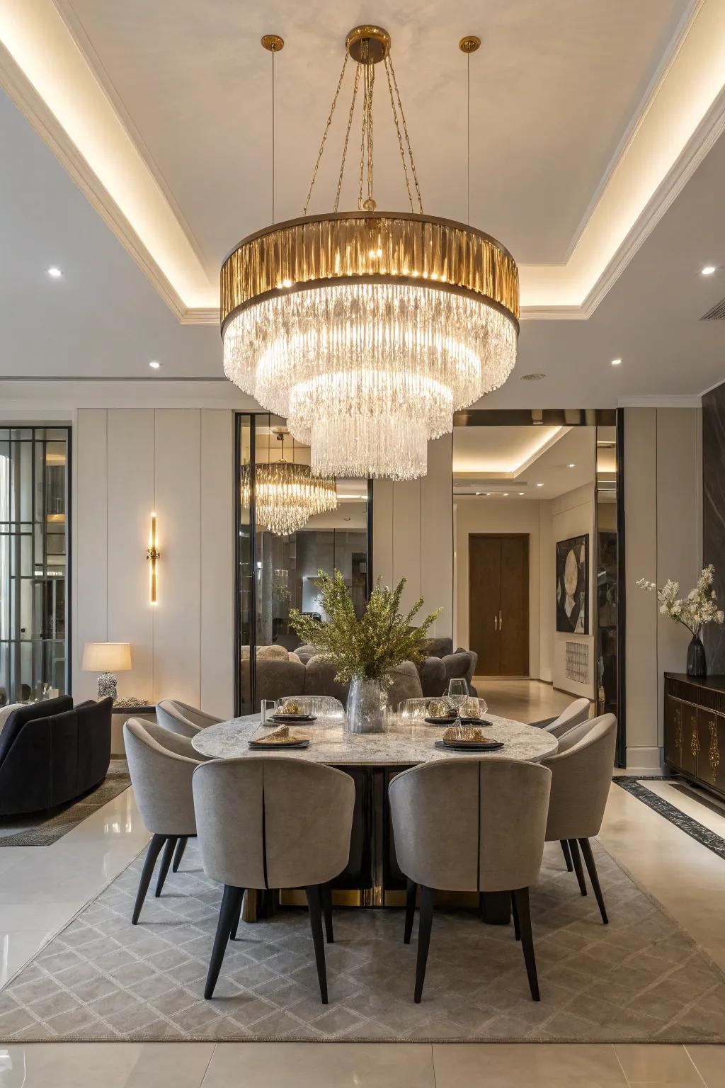 A dining area where the lighting is stealing the show.