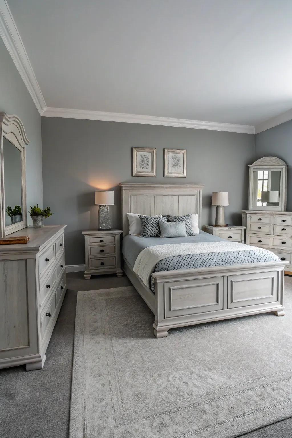 Symmetrical design boosts harmony within a serenity shade bedroom.