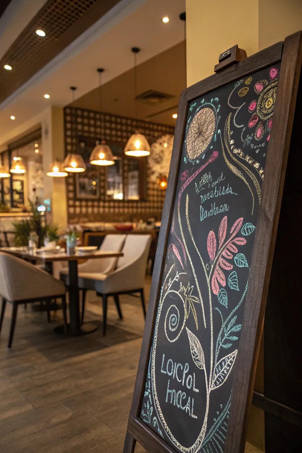 A chalkboard featuring unique designs crafted by a local artist, adding a creative flair to the ambiance.