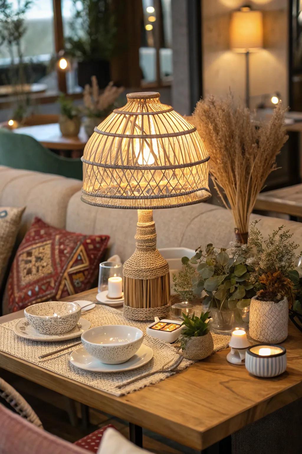 A woven table lamp sits on a restaurant table, surrounded by bohemian decor elements.