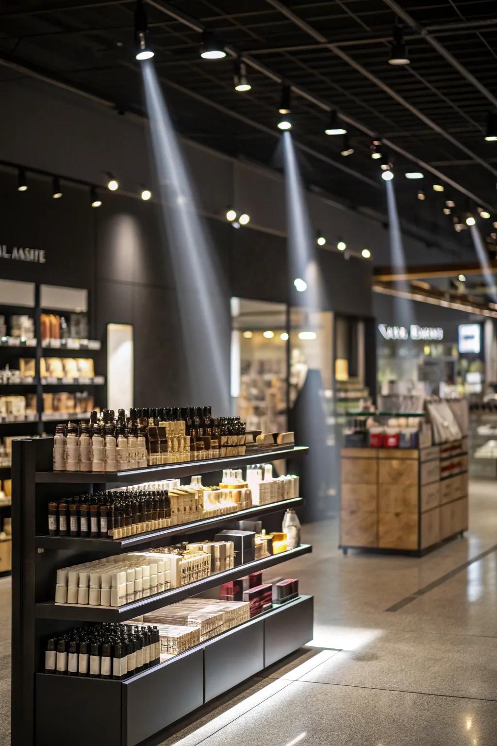 Oriented beam lights accentuating textures and specifics.