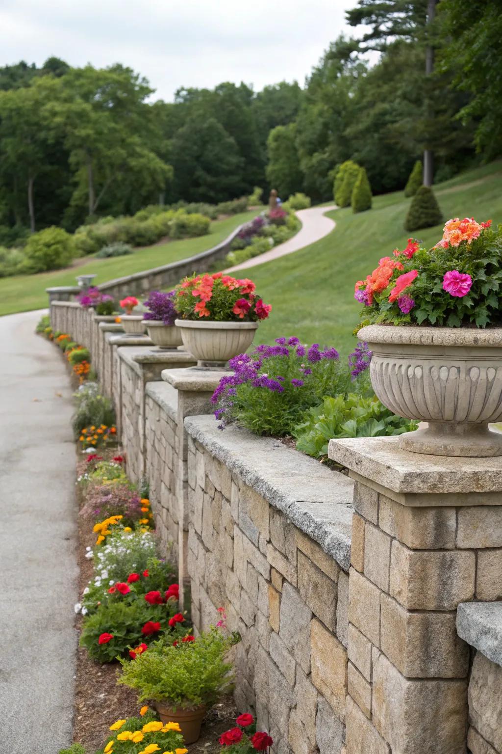 Integrated flower boxes contribute a lush element to retaining walls.