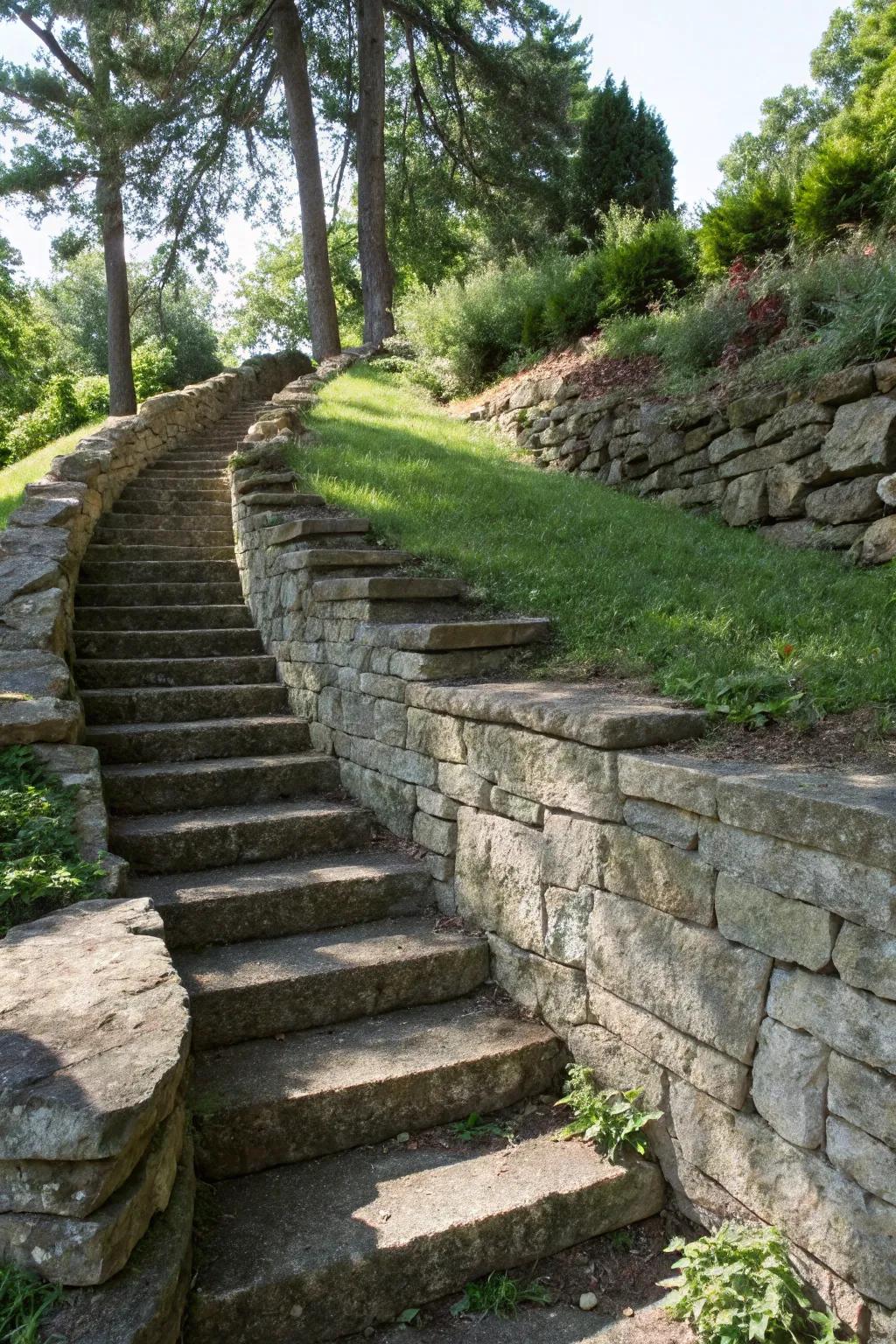Stairwells append both practicality and visual enticement to retaining walls.