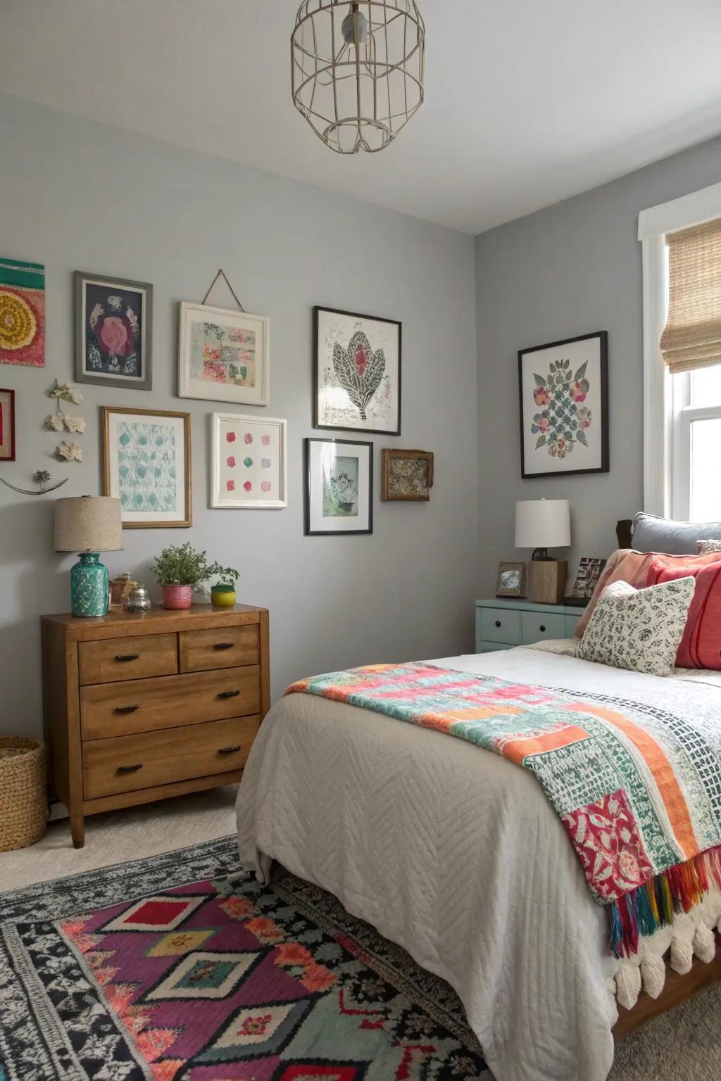 Eclectic details add personality to a Gentle Gray bedroom.