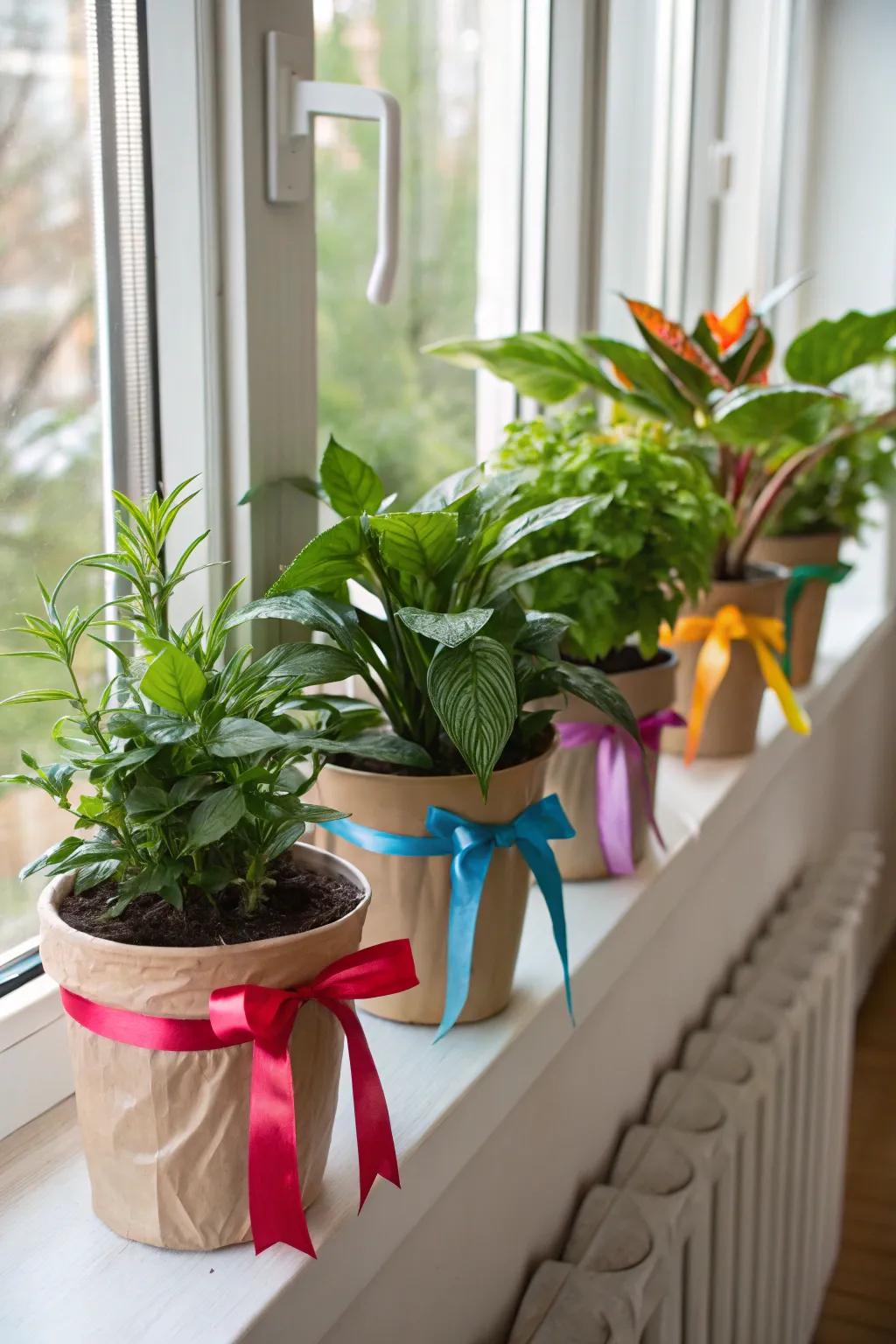 Enhance your planters with charming <strong>ribbon</strong> wraps.” loading=”lazy” class=”pimg”>
	</picture><figcaption>Enhance your planters with charming <strong>ribbon</strong> wraps.</figcaption></figure>
<p>Bestow upon your indoor flora a facelift by enveloping the pots with <strong>ribbons</strong>. It’s a subtle means to incorporate allure and integrate your flora into the chamber’s decor.</p>
<h3>A few relevant products:</h3>
<ul class=