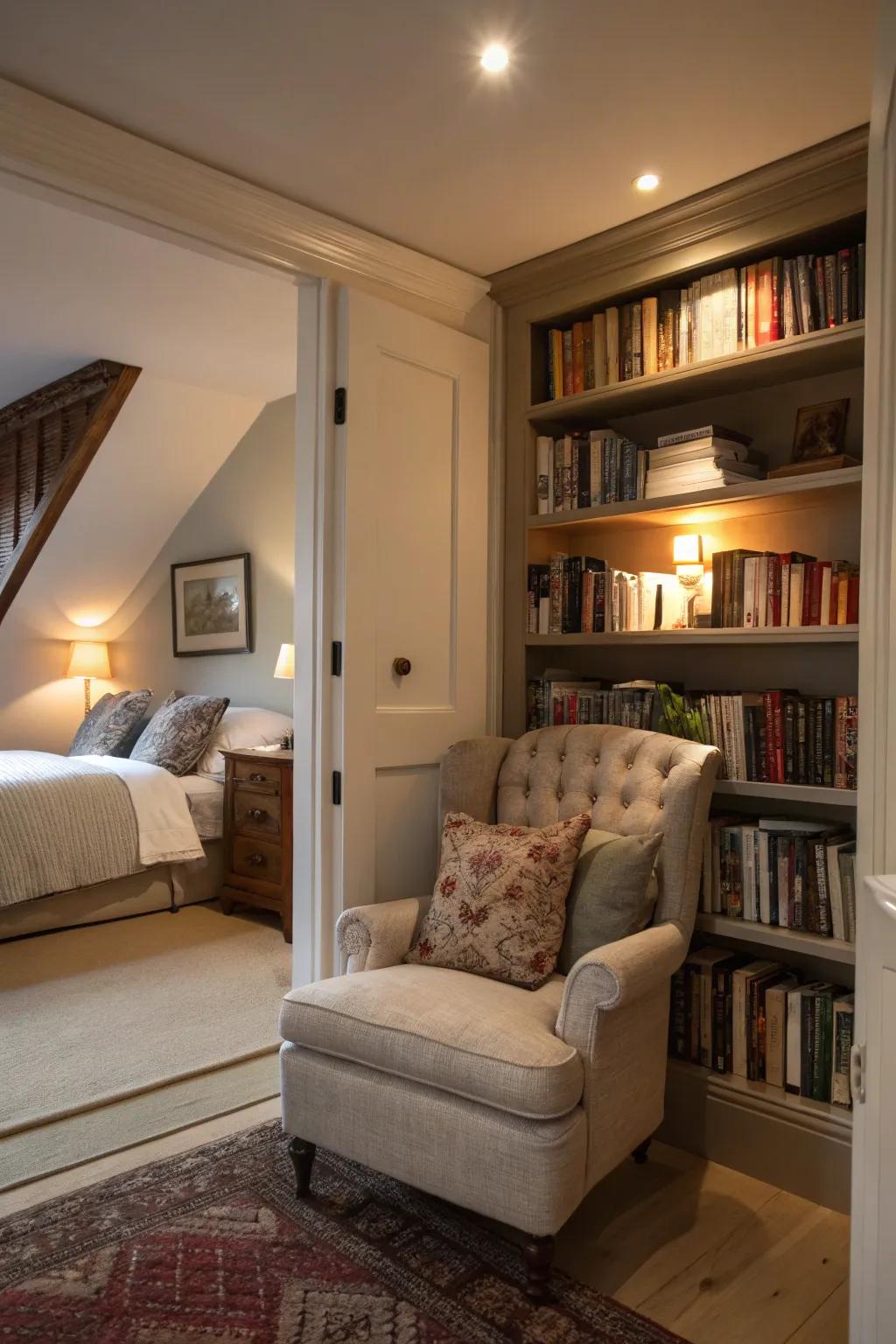 A hidden nook provides a comfy escape within the boudoir.