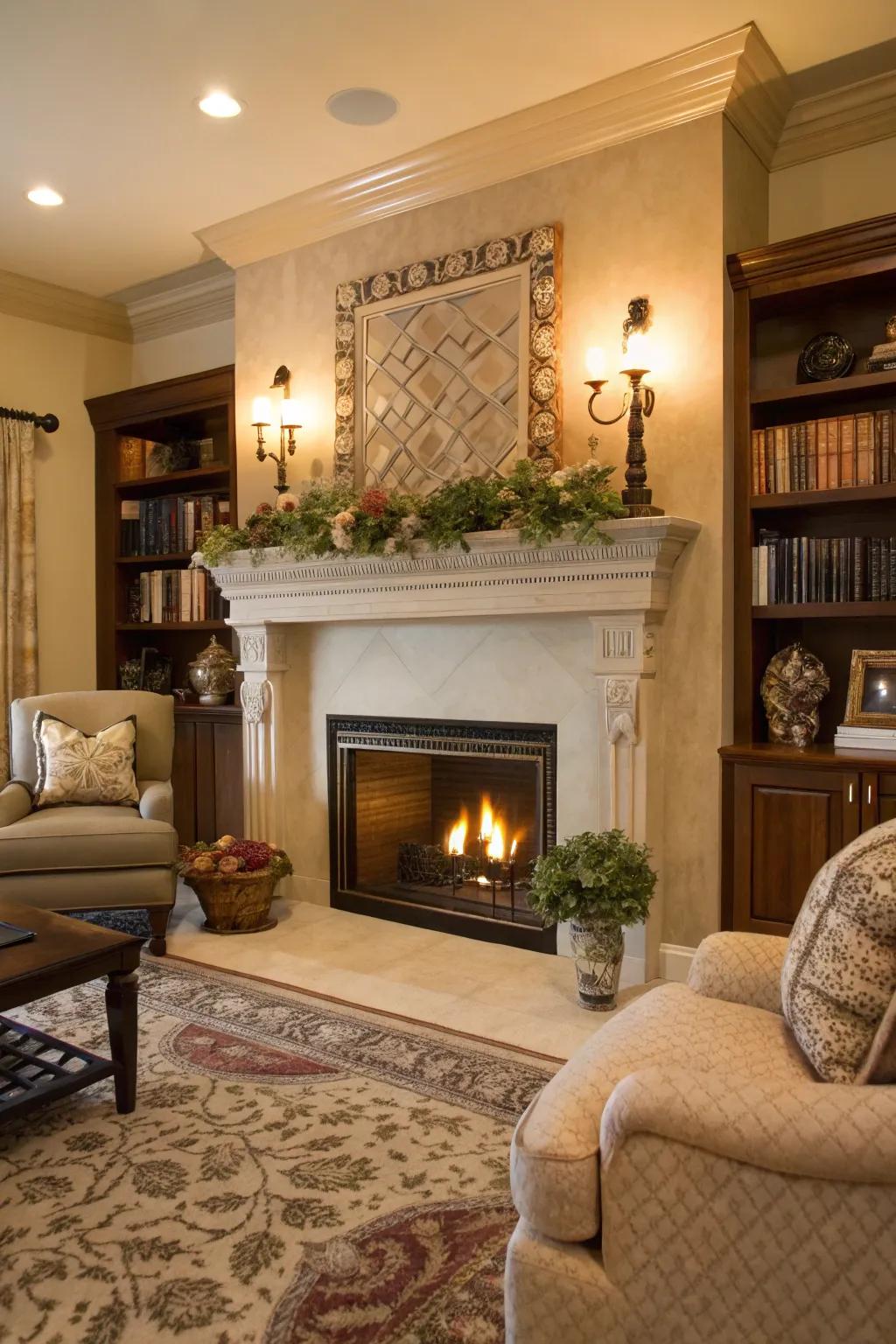 Fashion a snug gathering spot through a hearth.