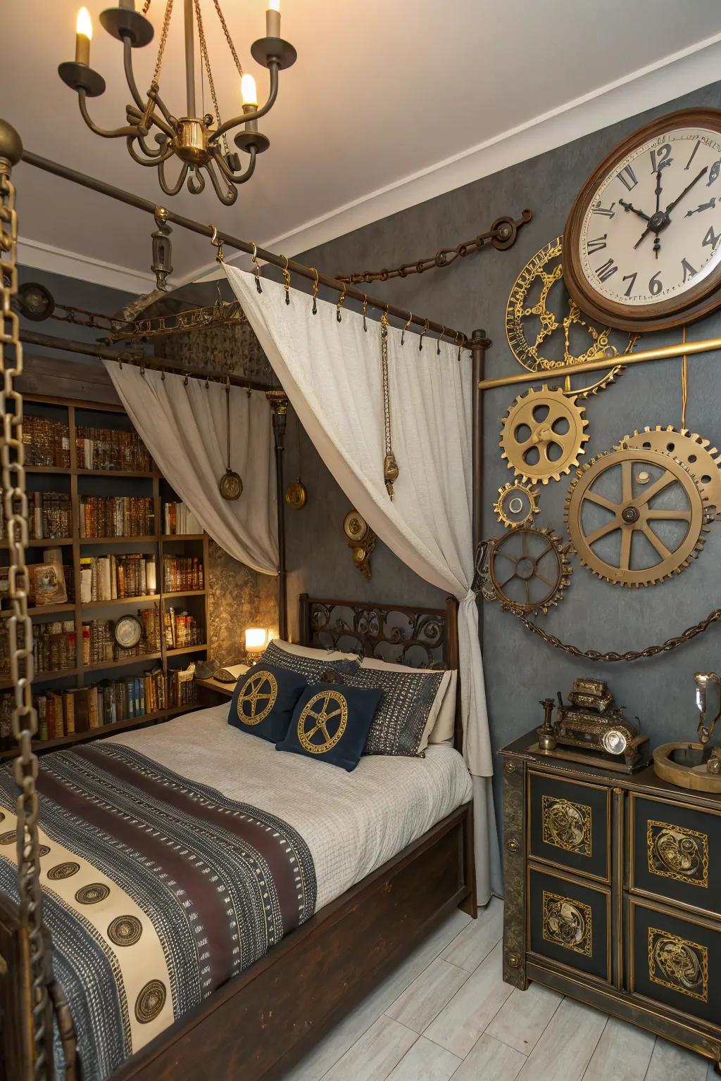 Steampunk elements inject a playful twist to the Victorian Gothic sleeping quarters.