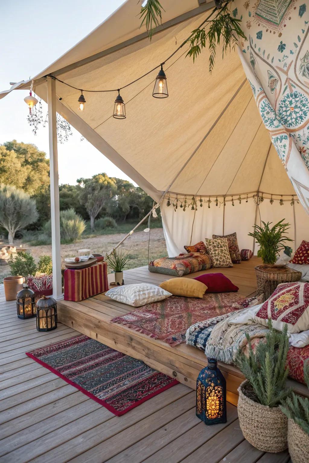 Canvas tent coverings add a whimsical and adventurous feel to decks.
