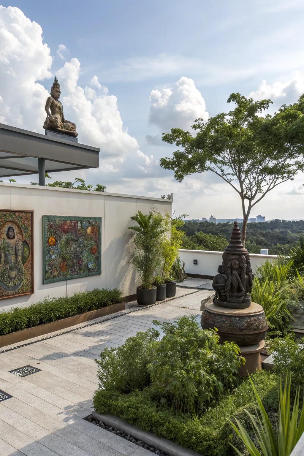 Artistic elements introduce a distinctive and personalized touch to your rooftop.