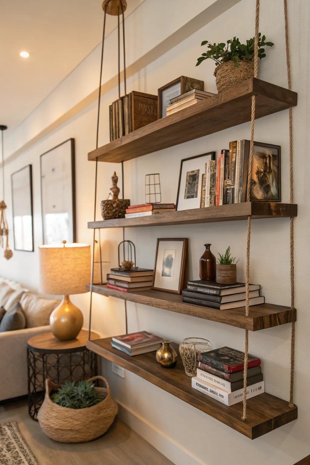 Free-floating racks furnish stylish storage solutions.