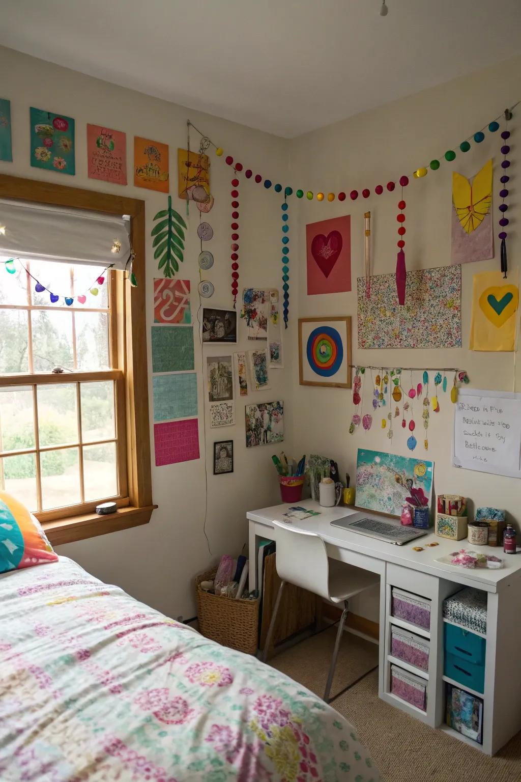 DIY art projects add a personal and inventive touch to the room.