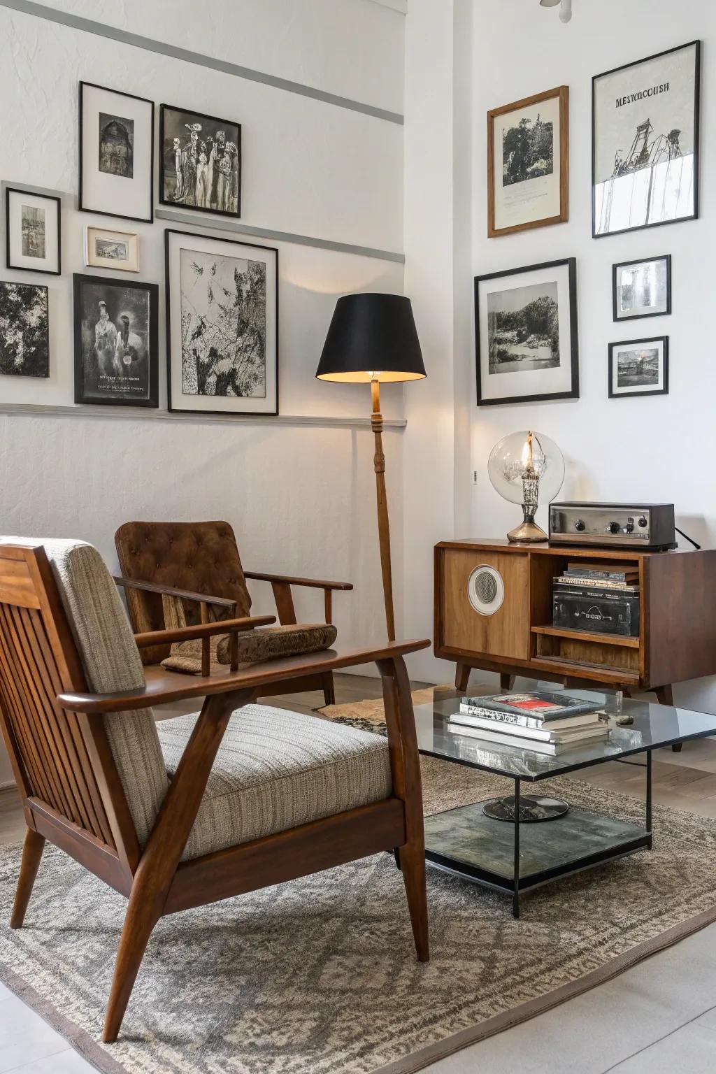 A room enriched with vintage pieces that offer charm and character.