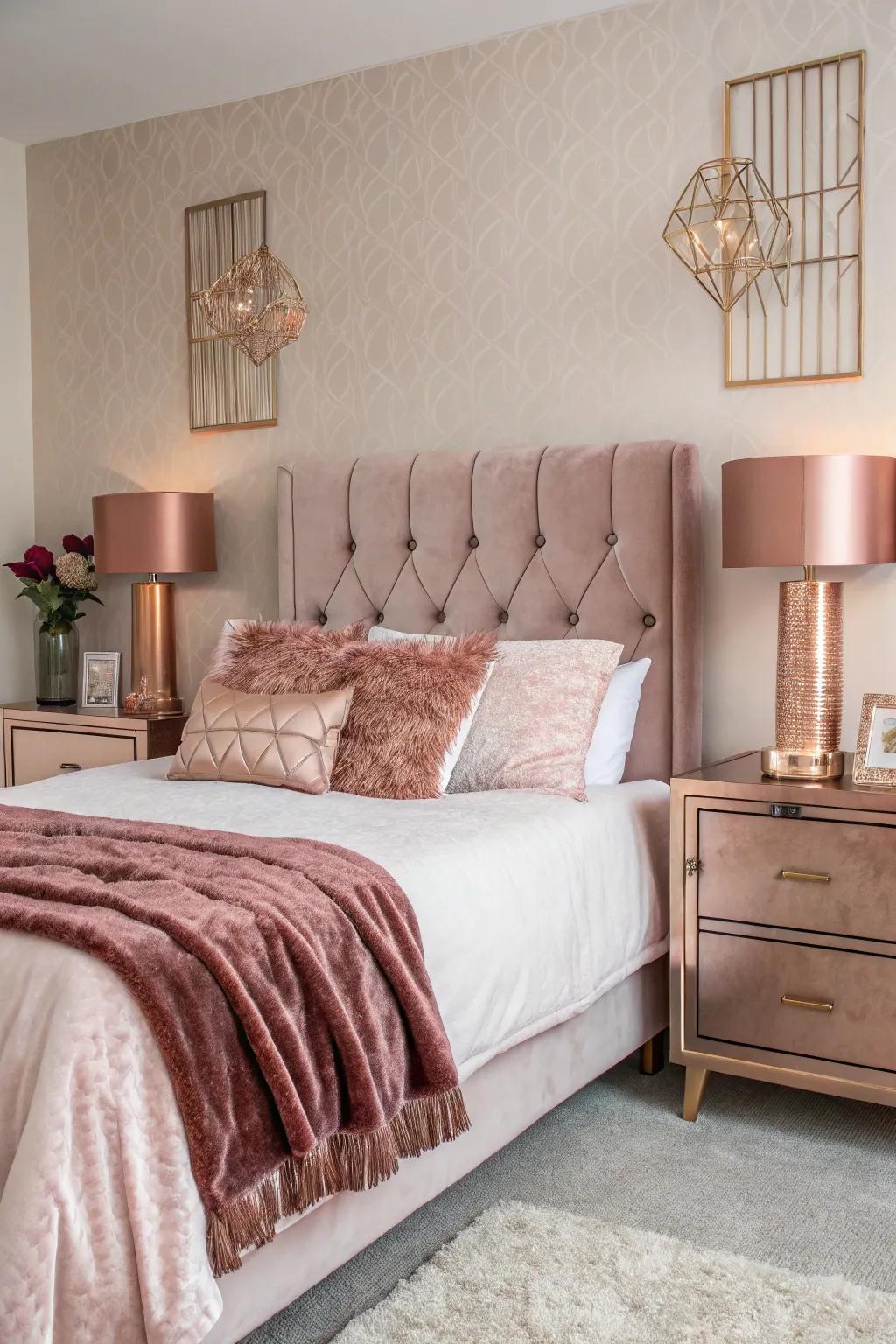 Rose gold decorative accents add a touch of glamour to the bedroom.