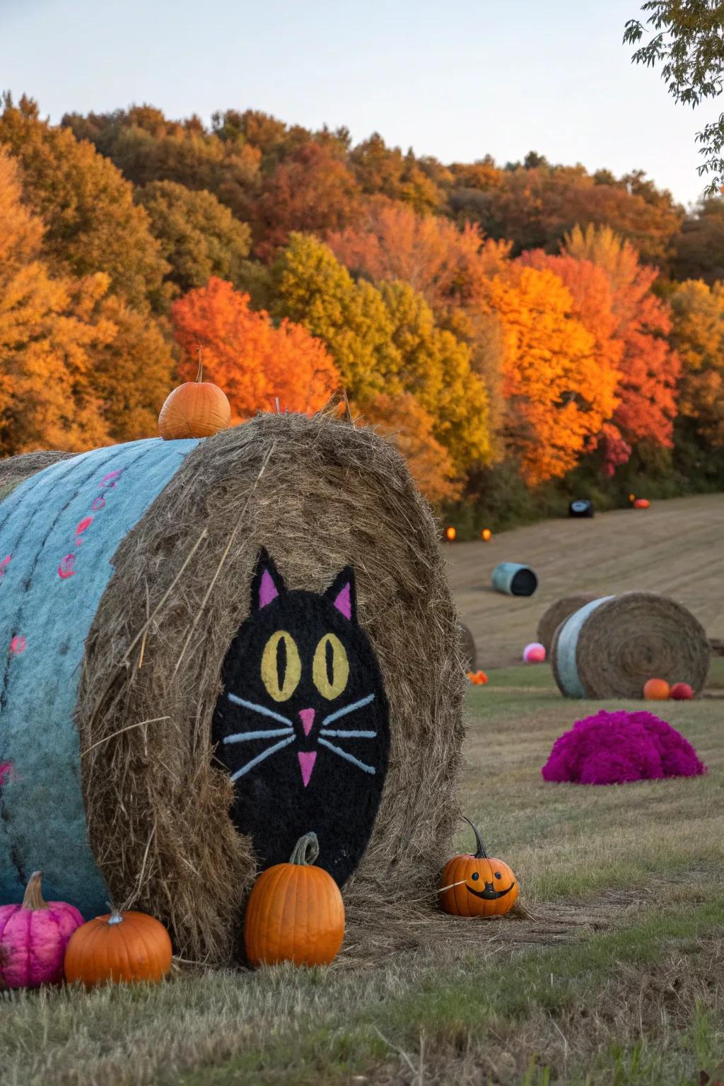 Add a mysterious charm to your Halloween decor with these playful black cat hay bales.