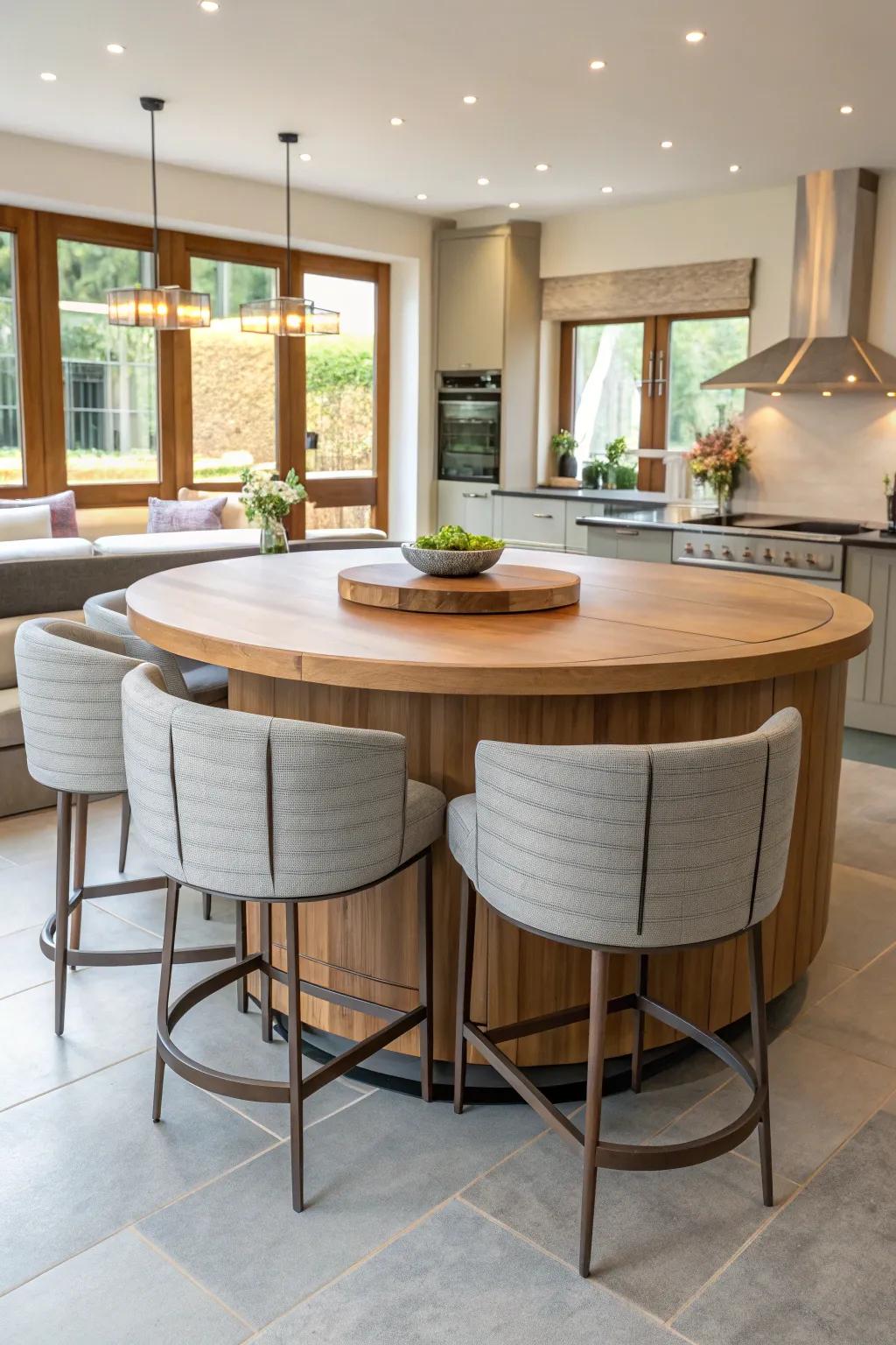 Arched seating enhances the elegance and circulation of a circular kitchen centerpiece.