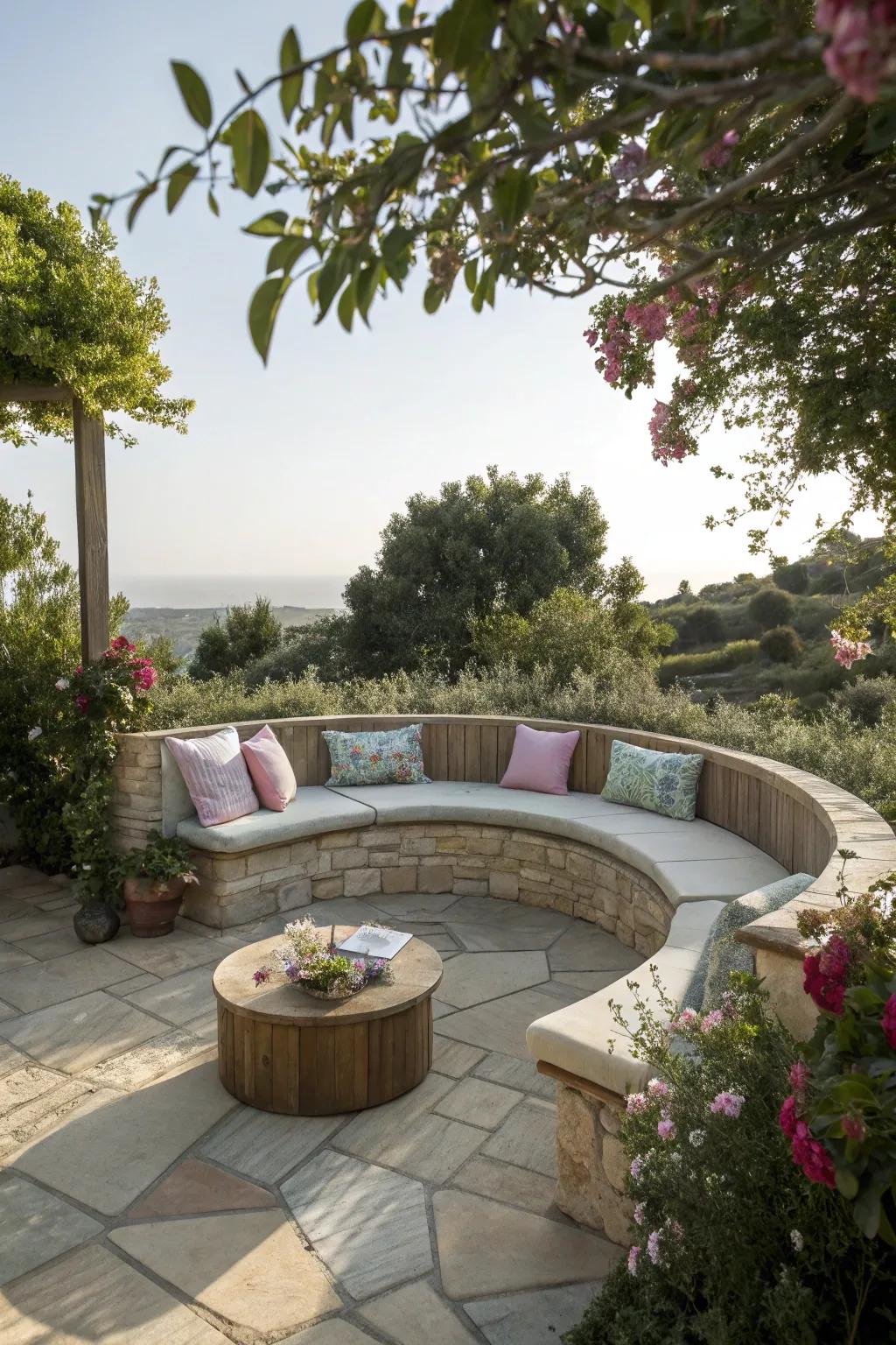 A curved bench blends style and comfort on this circular patio.