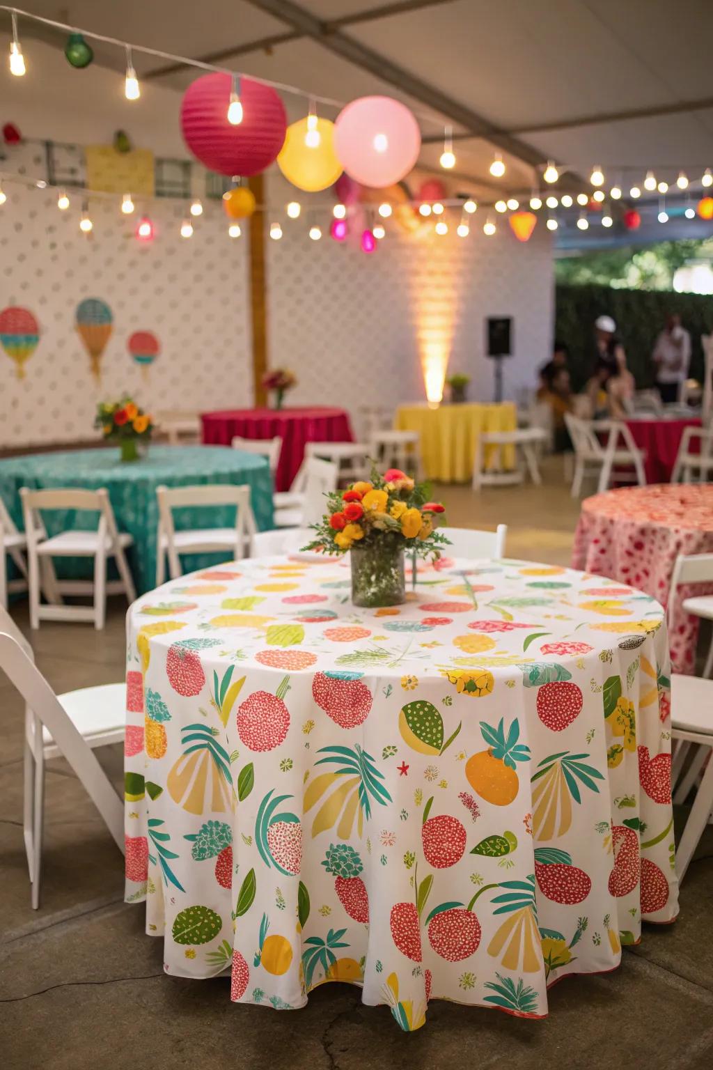 Cheerful patterned table covering adding charm to a wedding.