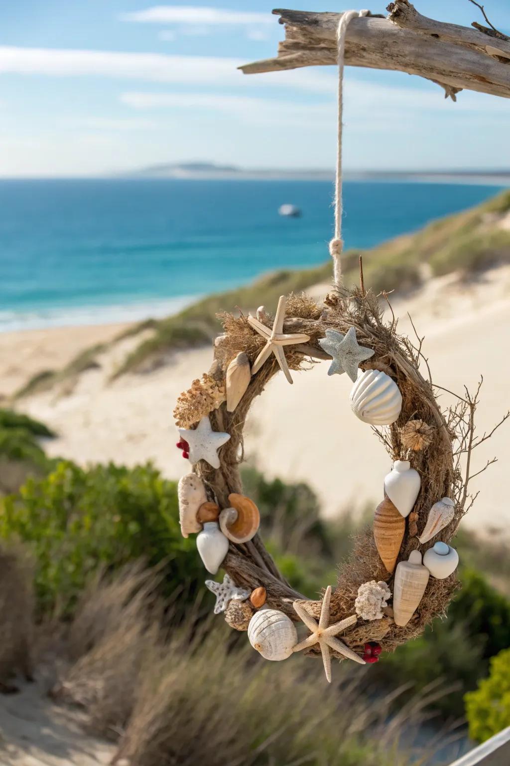 Seashells and driftwood create a seaside Christmas vibe.