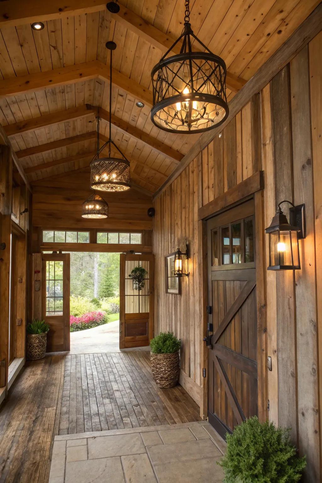 Barn wood fixtures greet visitors with warmth and charm in this entryway.