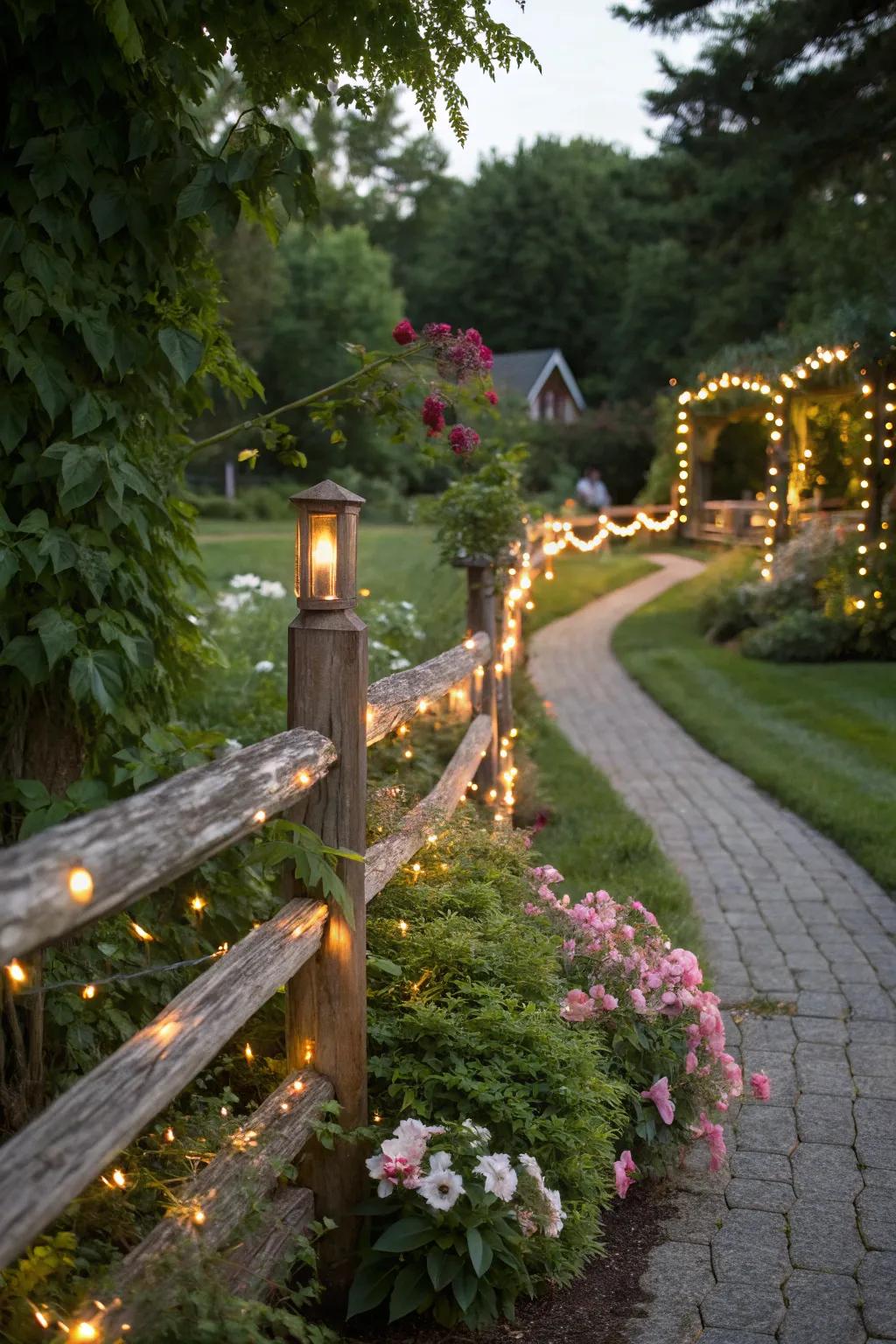 Fairy lights add a whimsical touch to a split rail fence, creating a magical evening retreat.