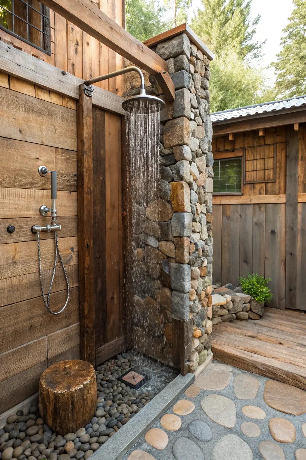 A shower design that mixes stone, wood, and metal for a dynamic look.