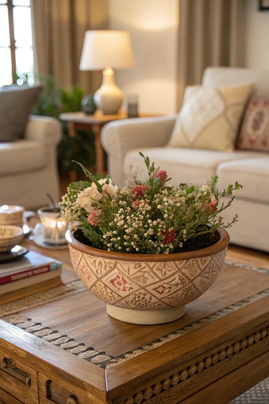 Handmade ceramic bowls inject individual rustic flair into various flower displays.
