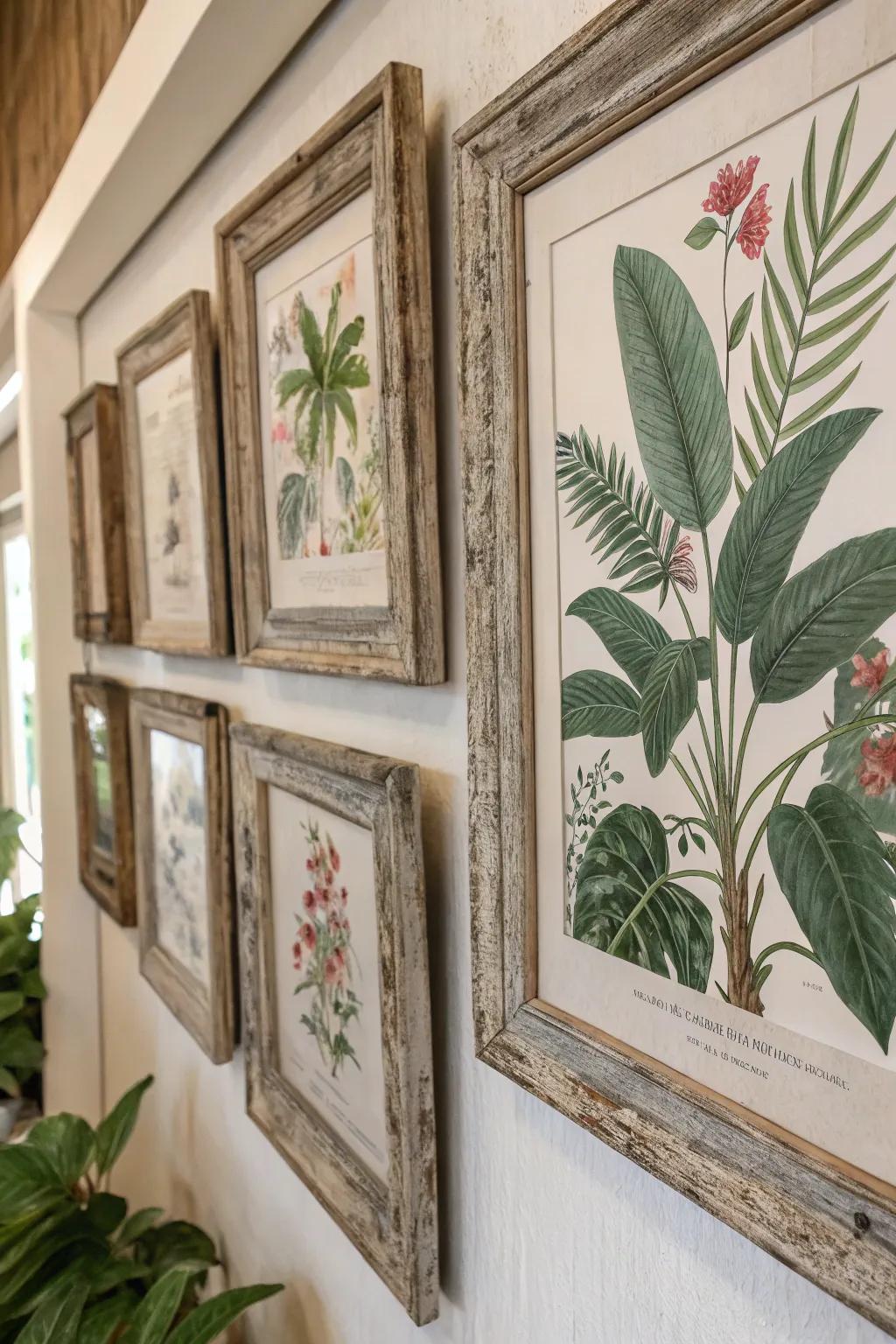 Herbarium impressions in countryside frames contribute a hint of nature indoors.
