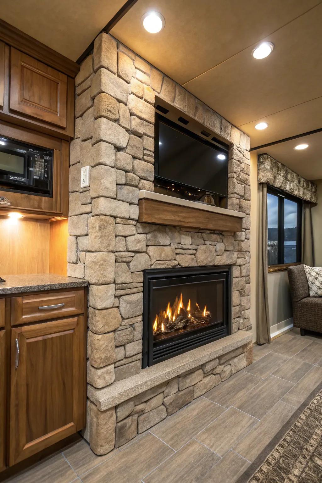 Stone accents add rustic texture and warmth.