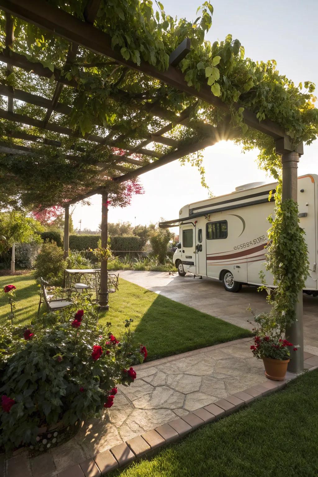 An RV shed like a relaxation spot, offering some cover and charm.