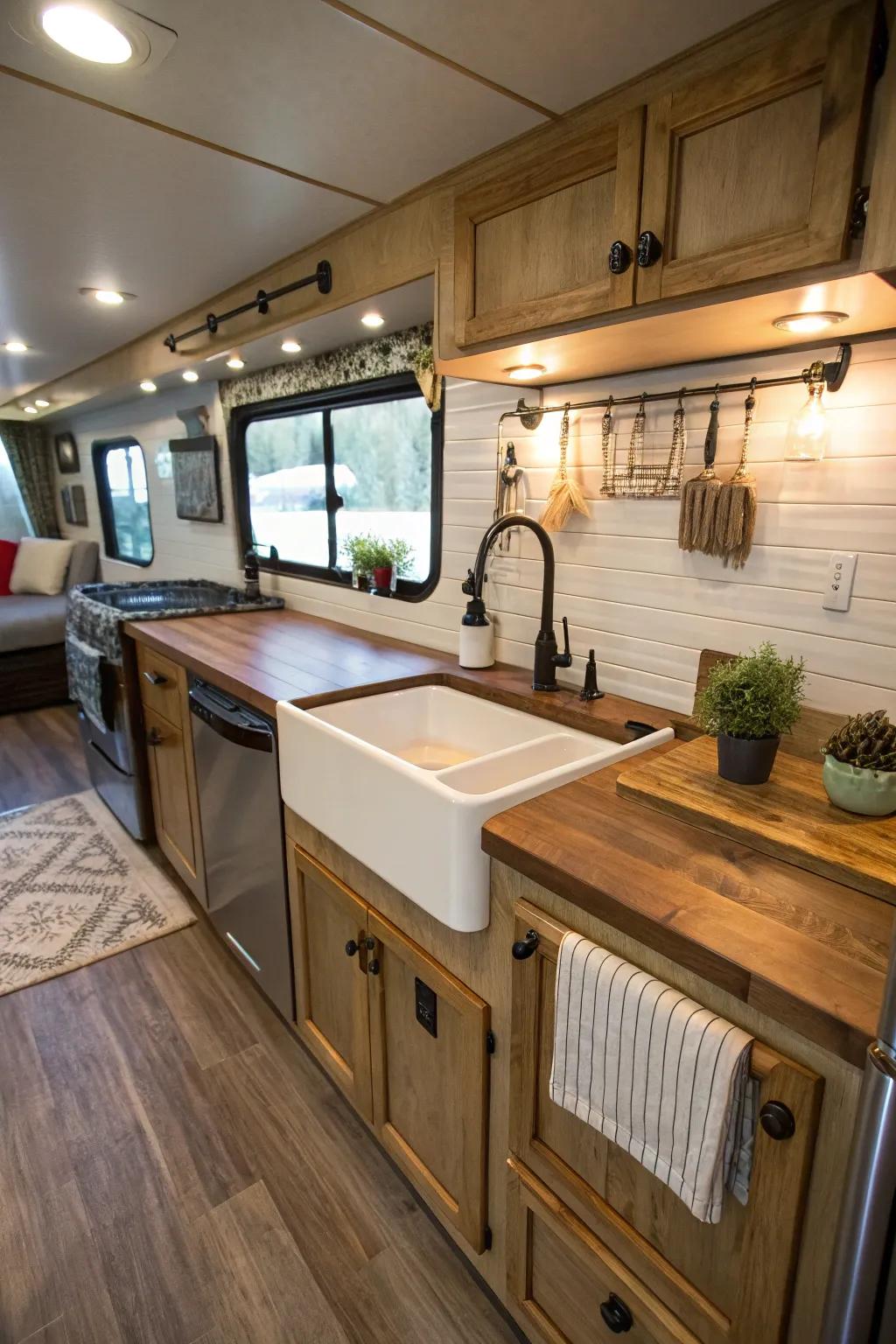 An apron sink enhances the country charm of an RV kitchen.