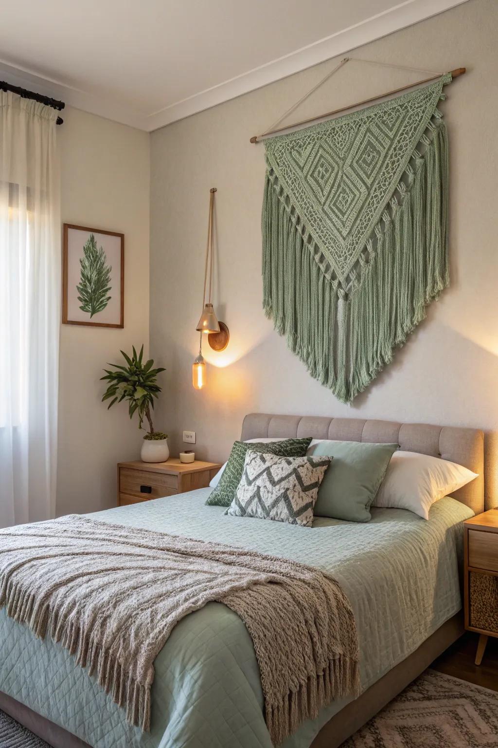 Add depth with sage green wall art.