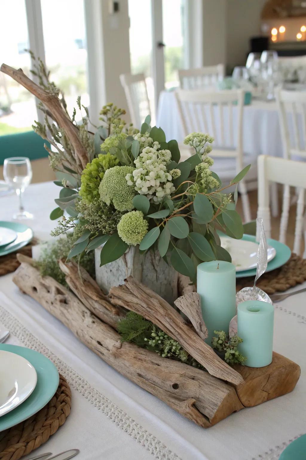 Driftwood and sage green combine to create a seaside-inspired focal point.