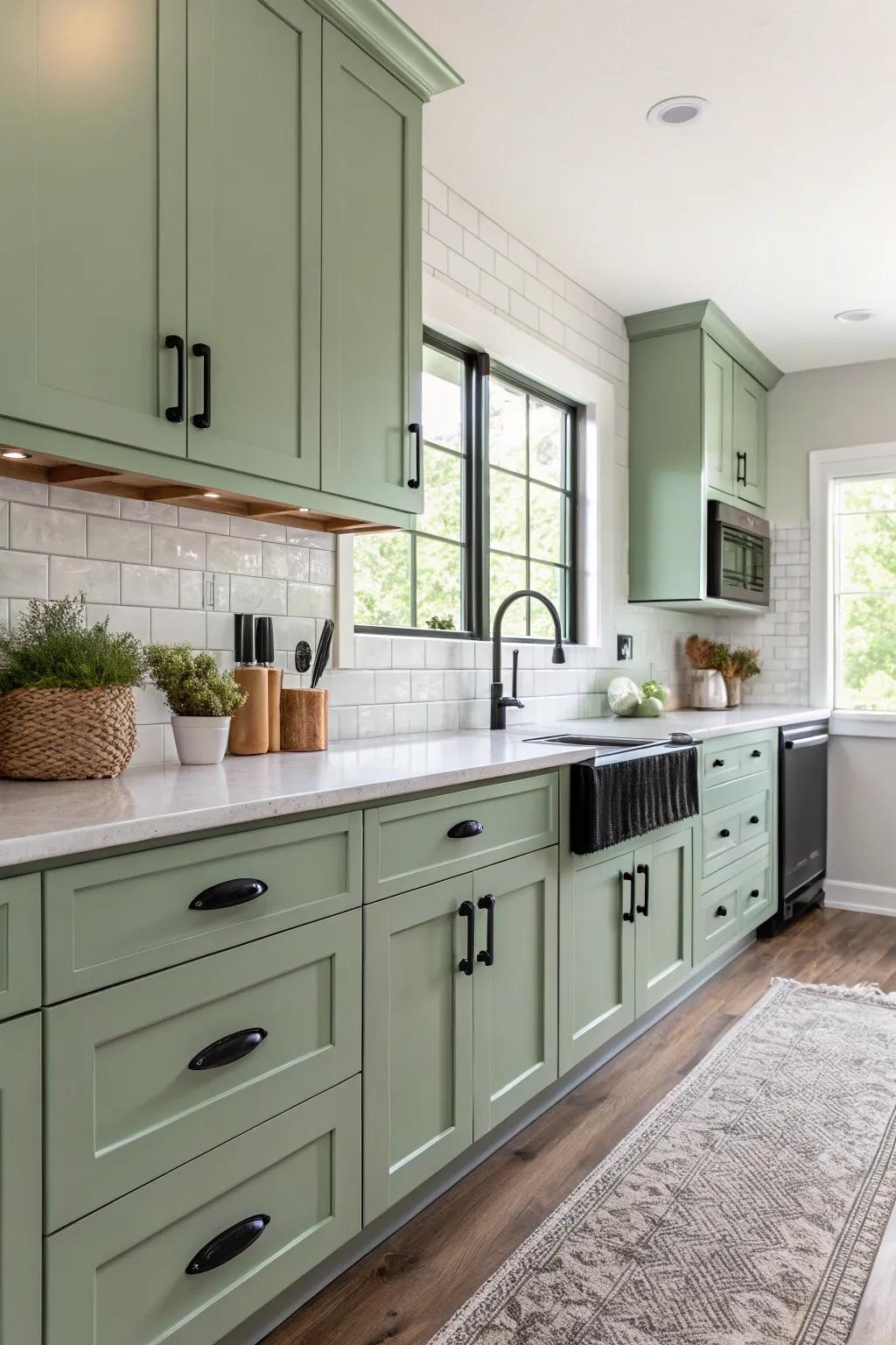 Dark accents create a bold juxtaposition with verdant.