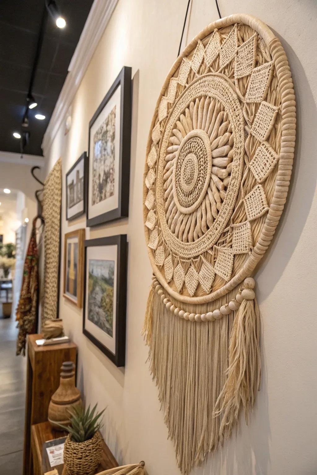 A wall exhibiting an ethically sourced handcrafted art piece