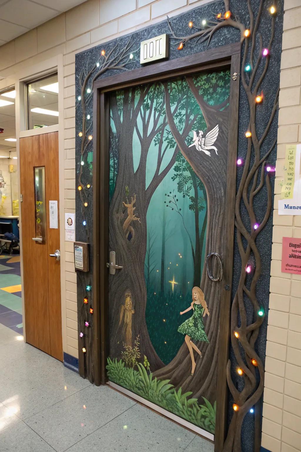 A mystical woodland-themed academic entrance featuring enchanting elements.