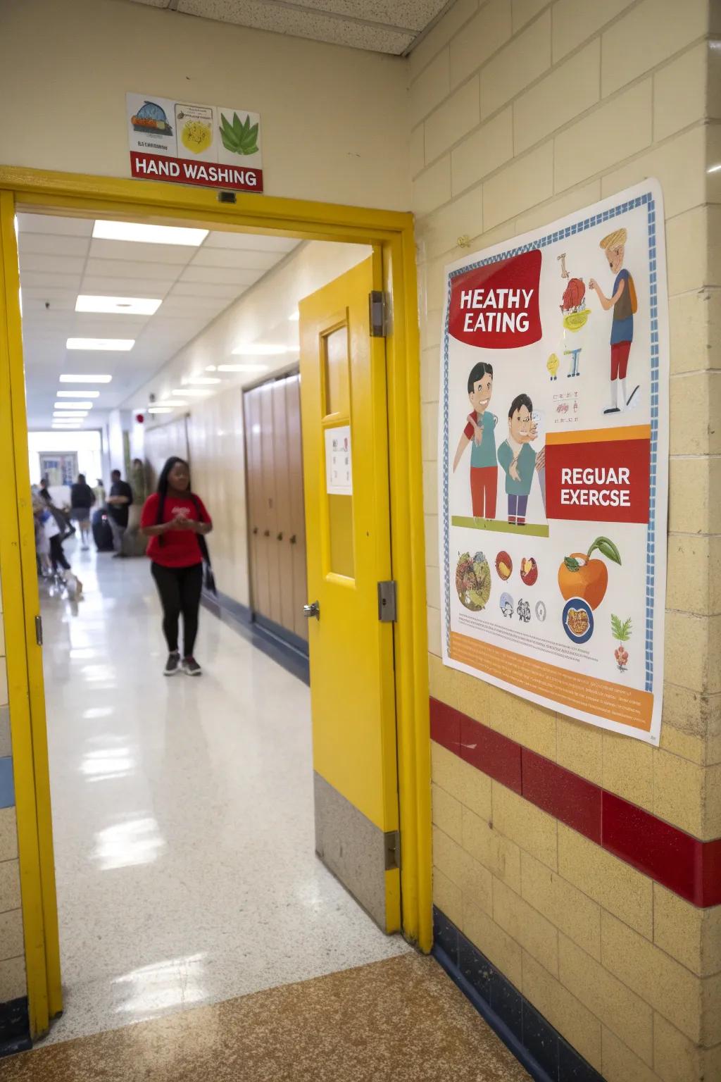 A health-focused school nurse door promotes healthy habits.