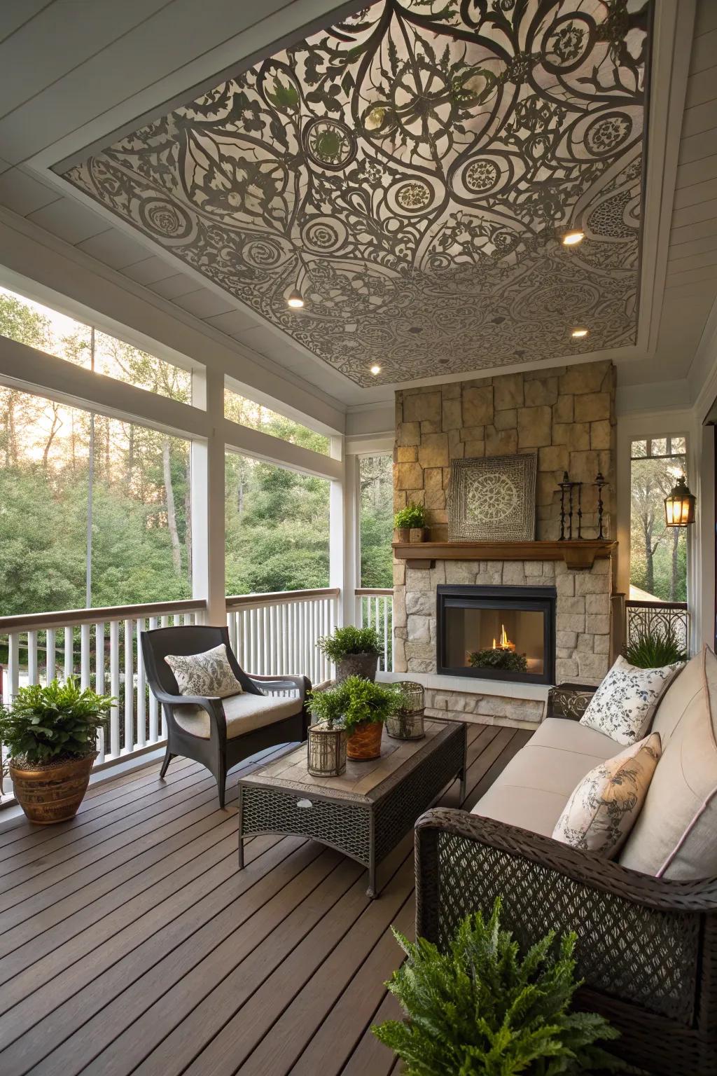 A porch with a cozy rooftop and fireplace has warmth and feels.