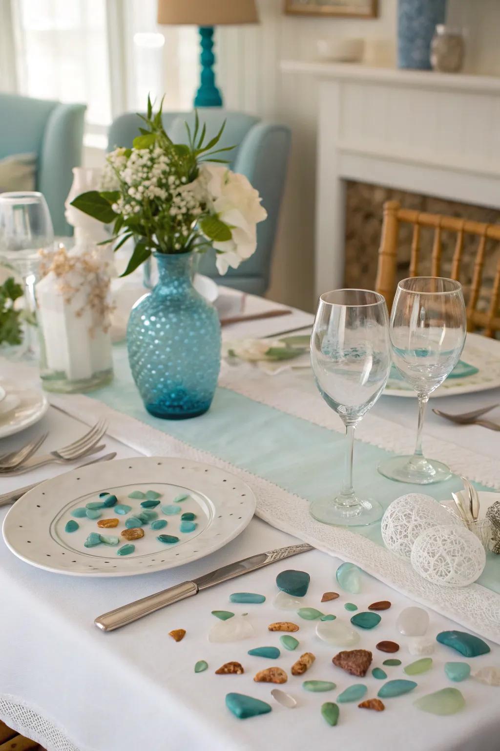 Sea glass tabletop decorations add elegance to any dining experience.