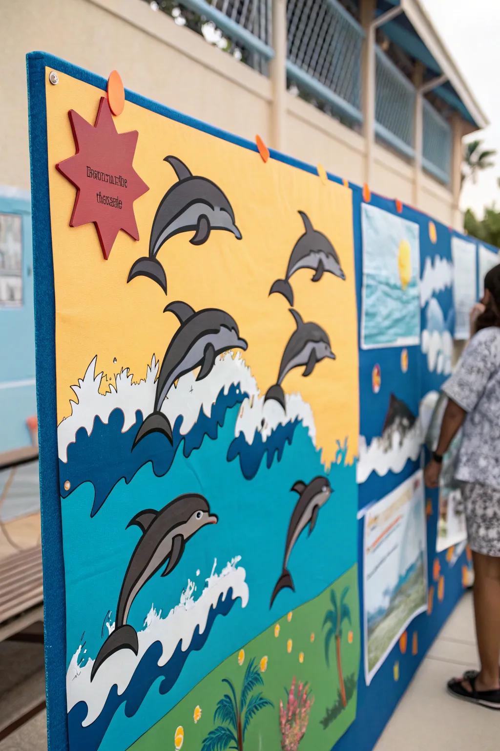 Capture the joy of the sea using playful dolphins.