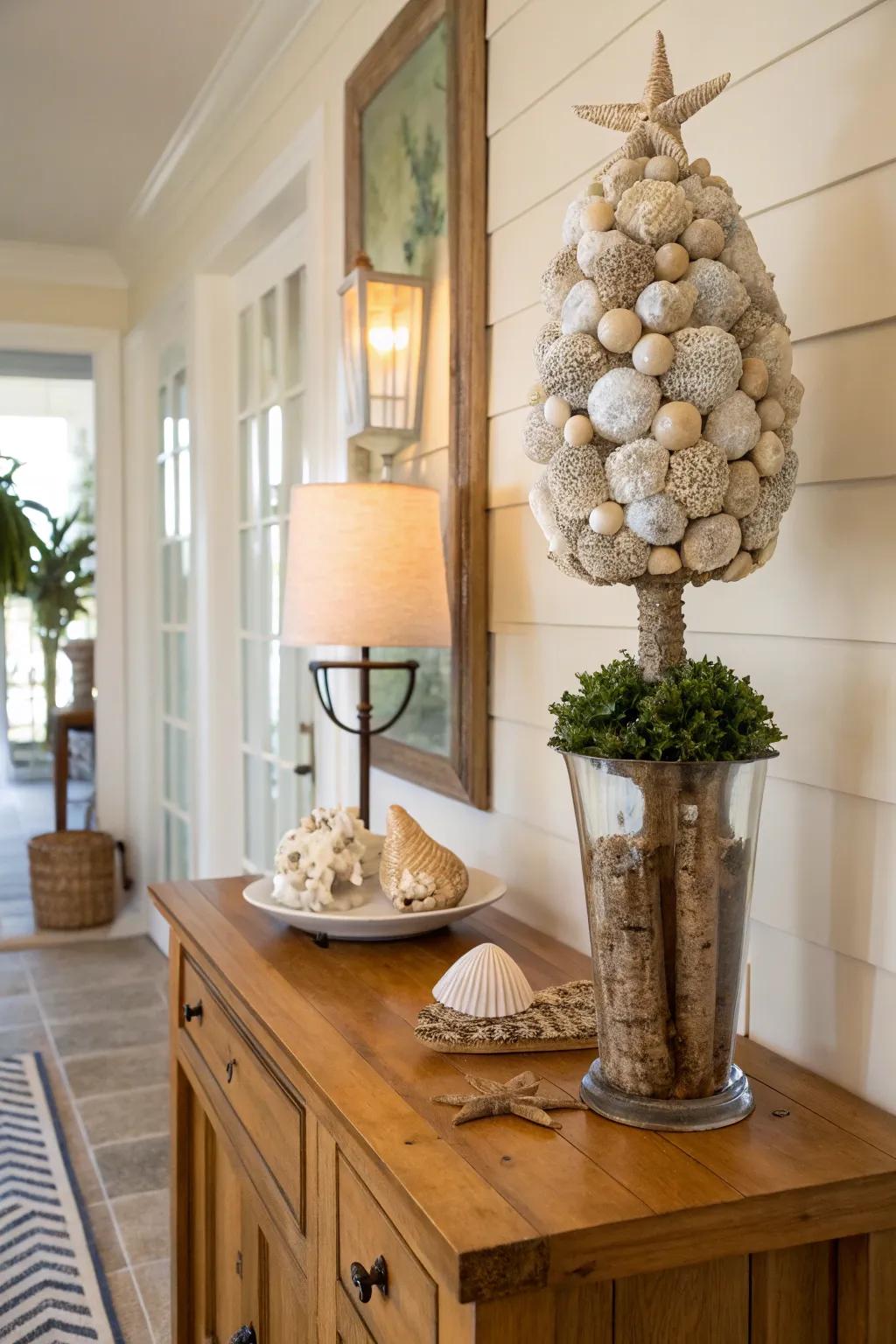 A seashell topiary brings a hint of whimsy and elegance to any chamber.